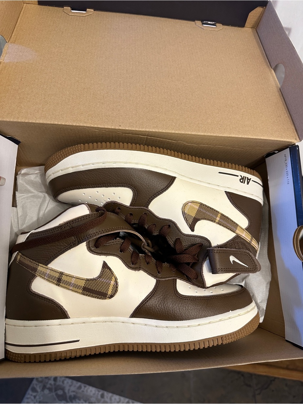 Nike Air Force 1 Mid Pale Ivory & Brown Plaid Swoosh